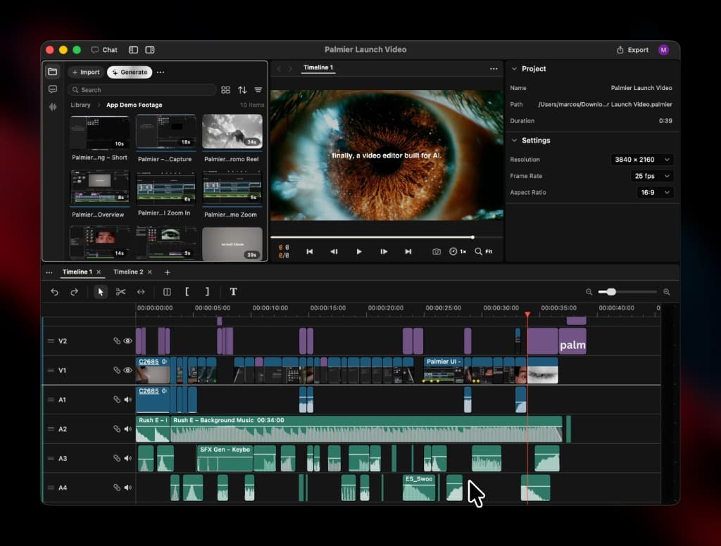 Palmier Pro timeline with manual editing controls