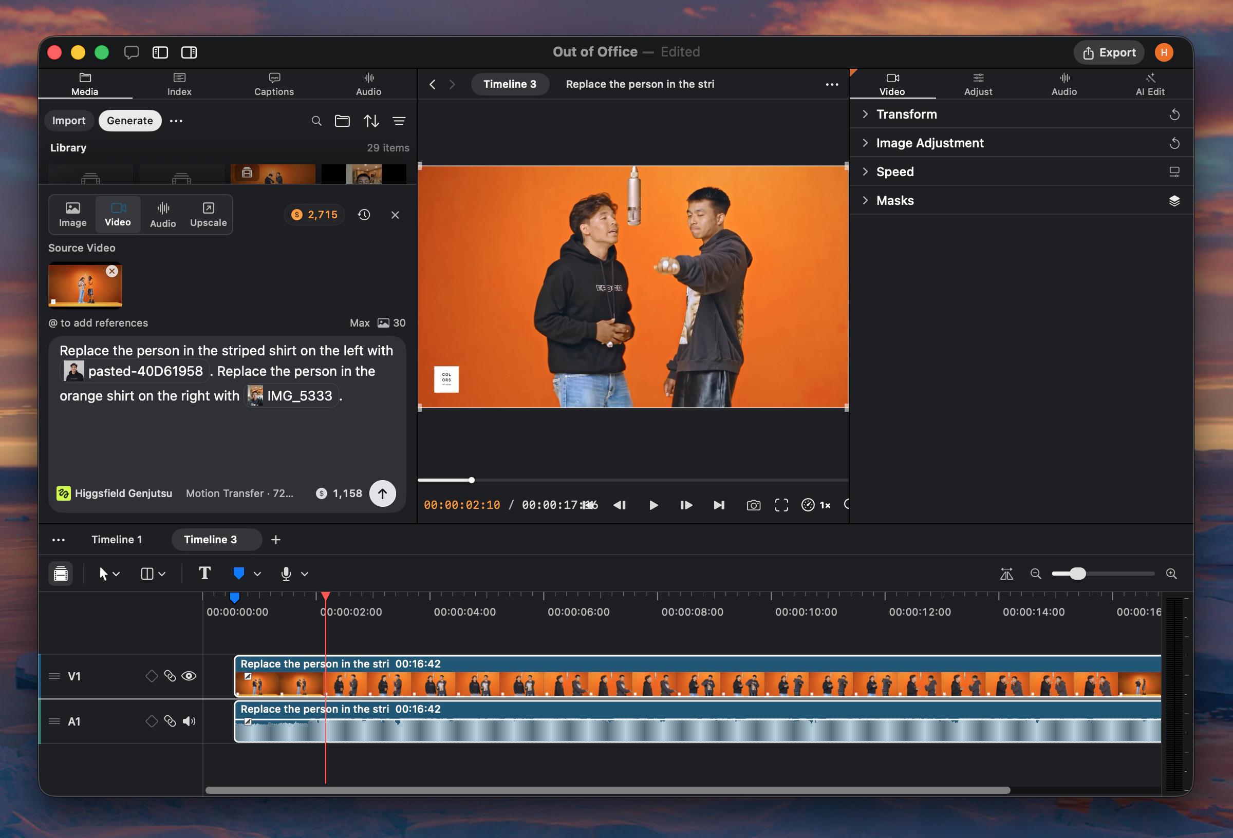Higgsfield Genjutsu Motion Transfer and source video in the Generate panel
